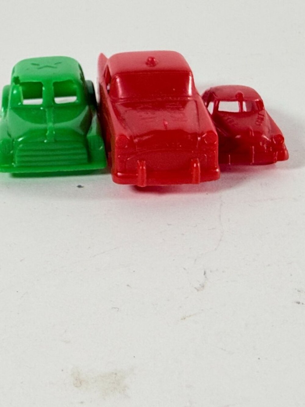 Vintage Plastic Toy Cars 3 Red & Green Miniature Vehicles Retro